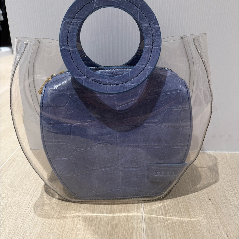 STAUD Blue Croc-Embossed Tote with Clear Overlay